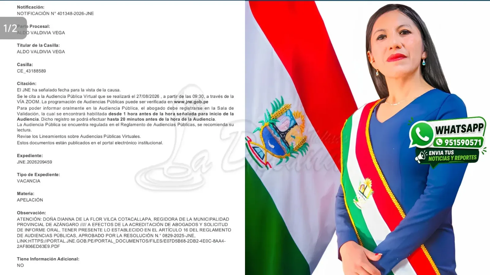 JNE Programó audiencia pública por apelación de vacancia contra regidora de Azángaro