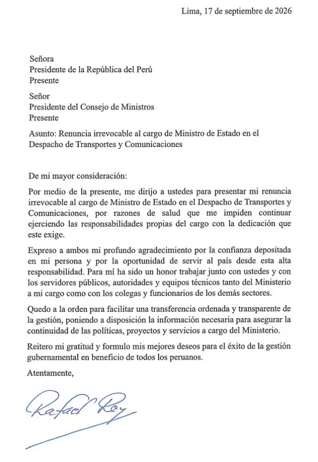 Rafael Rey renuncia al Ministerio de Transportes y Comunicaciones a menos de dos meses de gestión