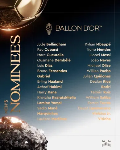 la lista de los 30 futbolistas nominados al Balón de Oro