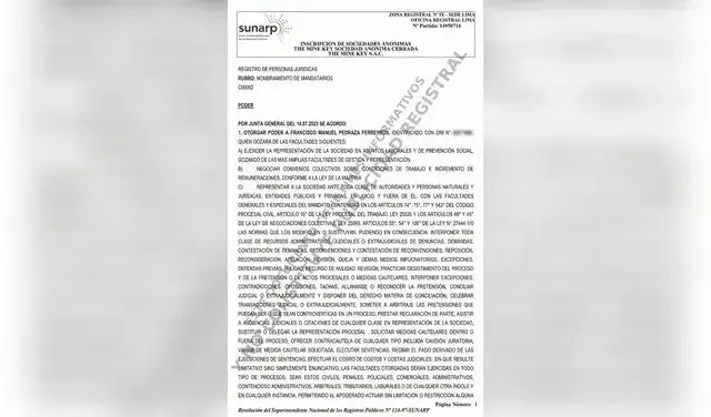 Documento donde constan las atribuciones otorgadas a Francisco Pedraza Ferreyros por parte de The Mine Key S.A.C.