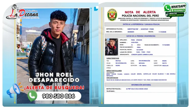 Buscan a adolescente de 16 años desaparecido en la ciudad de Puno