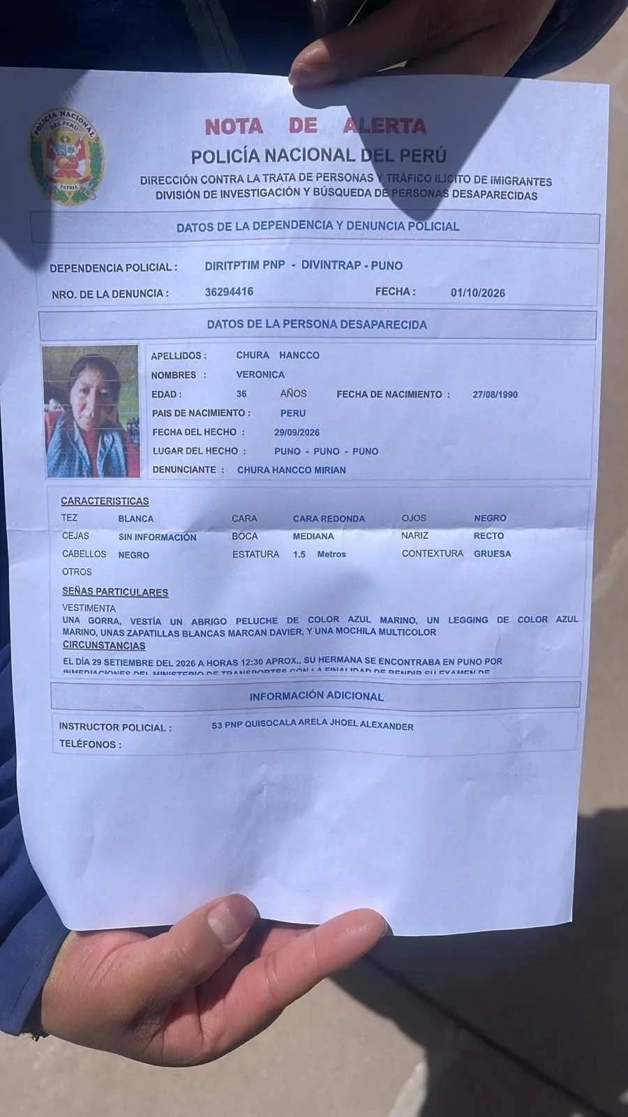 Emiten alerta policial para ubicar a Verónica Chura Hancco, desaparecida en la ciudad de Puno