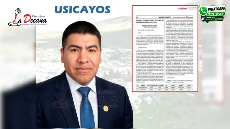 DESIGNAN A PEDRO PABLO QUISPE GARCÍA COMO NUEVO SUBPREFECTO DE USICAYOS EN CARABAYA El Ministerio del Interior oficializó el nombramiento mediante la Resolución Directoral N.° 000759-2026-IN-VOI-DGIN, emitida el 28 de octubre de 2026. Pedro Pablo Quispe G